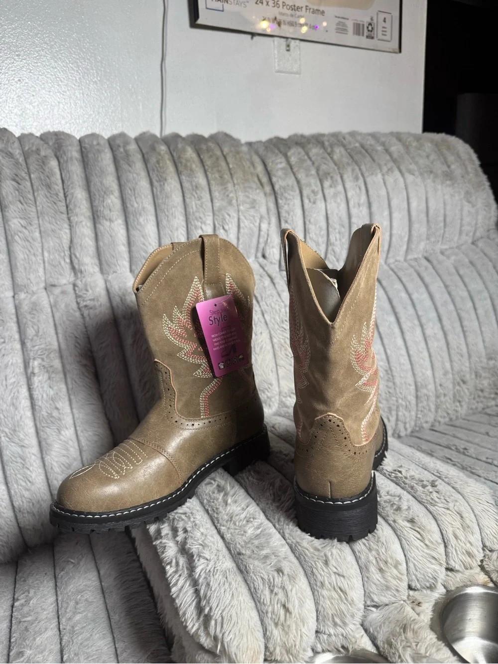 Hawkwell Tan Western Boots with Pink Stitching
